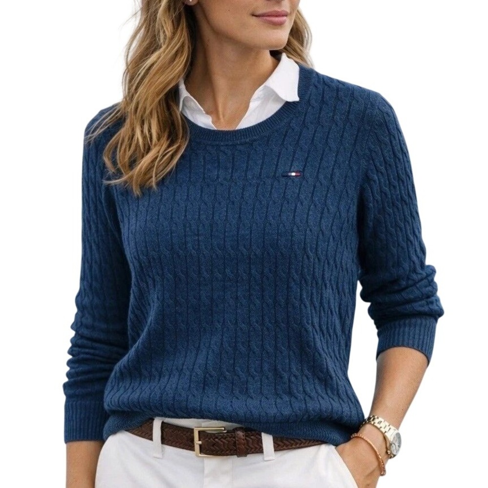 NWOT Tommy Hilfiger Cable Knit Sweater Women's L Blue Cotton Classic Front Logo